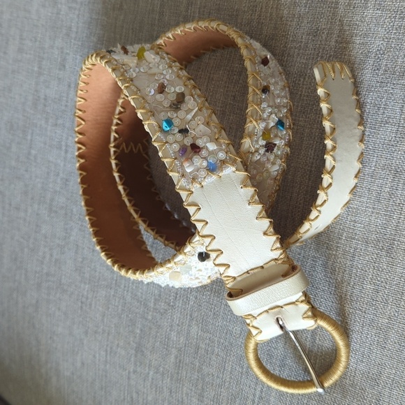 Leather Sequin Stone Embroidered Western Style Belt Cream Gold Stitching W's M - Picture 7 of 14
